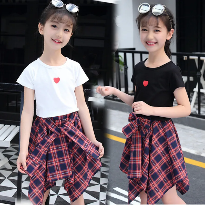 

Clothing Set Girls 2019 Cotton Children Clothing Girls Summer Outfits Solid T-shirt + Plaid Skirt Shorts Kids Tracksuit Girl Set