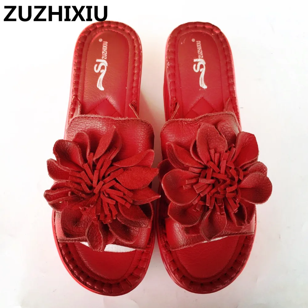 

ZUZHIXIU-Summer,Genuine leather nation style women cool slippers,High slope muffin thick bottom increased slippers,3colors