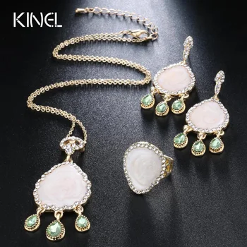 

3Pcs Wedding Jewelry Sets Bohemian Style Necklace Earrings Ring Set Multicolor Enamel Micro-zircon Gold Color Turkish Jewelry