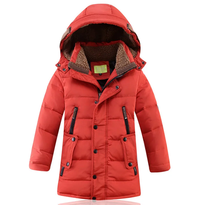 Г. Детские зимние куртки для мальчиков, Белые куртки-Пуховики плотная теплая верхняя одежда с капюшоном, длинное Детское пальто DQ037 - Цвет: orange