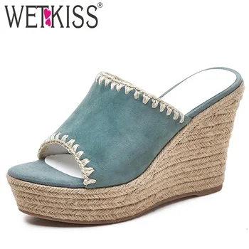 

WETKISS Straw Weave Platform Slippers Wedges High Heels Shoes Female 2019 New Women Slides Shoes Kid Suede Embroider Mules Shoes