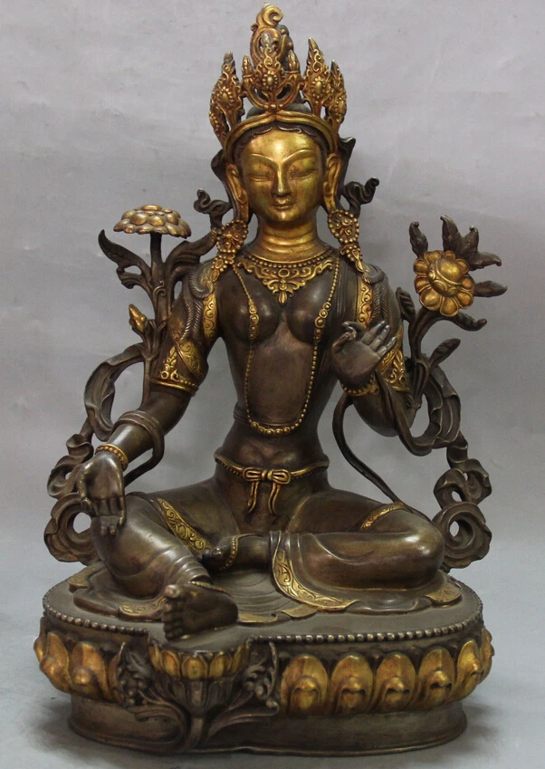 

006996 12" China Purple Bronze 24K Gold Pure Silver Seat Lotus Green Tara Buddha Statue