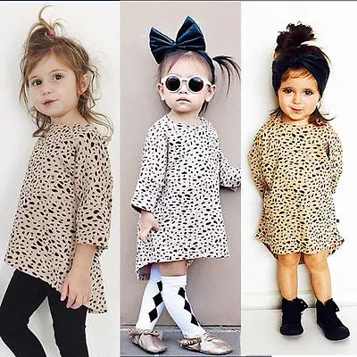 

Fashion Baby Kids Girls Casual 3/4 Long Sleeved Leopard Cotton Short Dress 0-5T