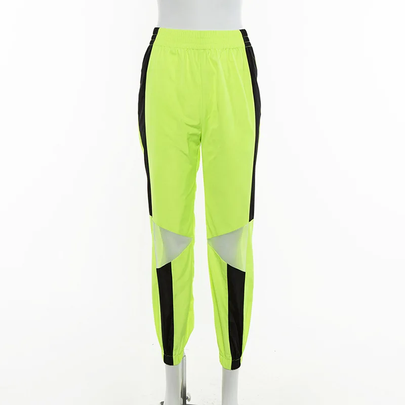 FREE SHIPPING High Waist Mesh Patchwork Black Pencil Neon Green Pants