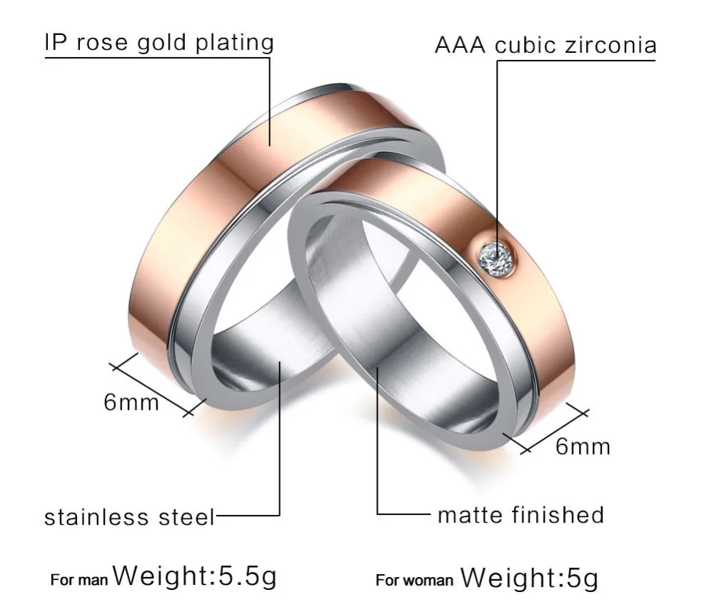 Vnox стильный 6 мм обручальное кольцо для пара кубического циркония камень бренд Дизайн Нержавеющая сталь Розовое золото-цвет