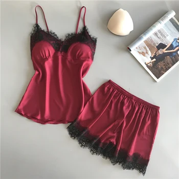 

Cotton Two Piece Set Women Sleepwear Silk Pajamas Sexy Chest Pad Nightwear Women 2018 Summer Lace Homewear Women Lingerie