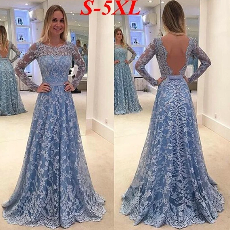 Evening Dresses Long 2018 New Fashion Women's Long Sleeve Backless Blue Full Lace A-line Cheap Sexy Formal Party Gowns