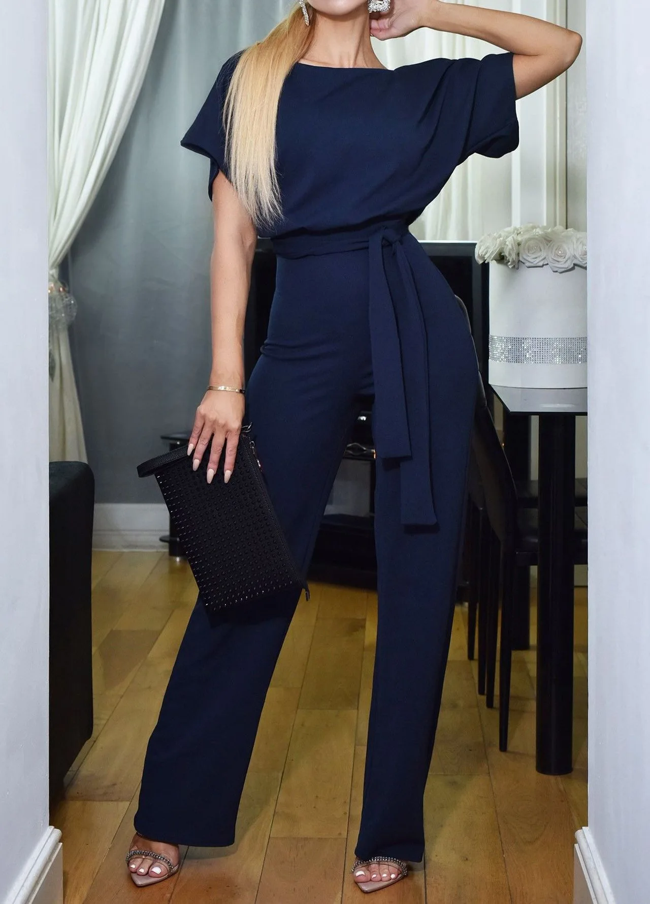 Women Short Sleeve Playsuit Clubwear Straight Leg Jumpsuit With Belt Wear Long Length Jumpsuit Women Short Sleeve Playsuit Clubwear Straight Leg Jumpsuit With Belt Wear Long Length Jumpsuit