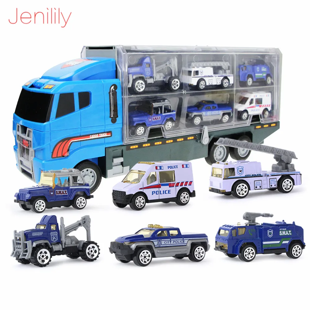 

7 in 1 Die-cast Police Truck Toy Mini Rescue Vehicles in Carrier Truck Playset for 3+ Years Old Boys Girls Kids