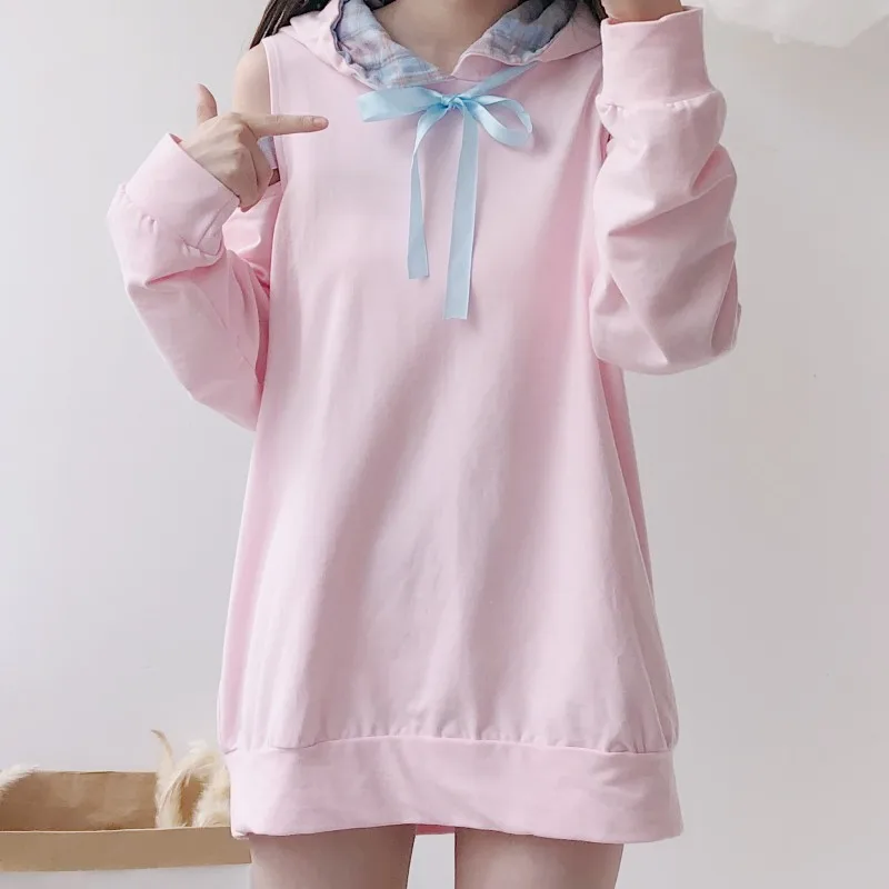 Pink Hoodies Women Kawaii Korean Style Chic Shoulder Strap Design Loose Hooded Pullovers Harajuku Sweatshirt for Sweet Girl