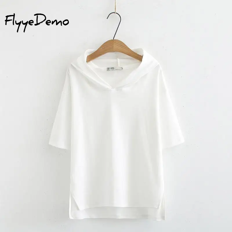 

2019 New Women's Hooded White Black T-Shirts Kawaii Casual Loose Tee Shirt Femme Short Sleeve Summer Side Slit Top Big Size 4XL