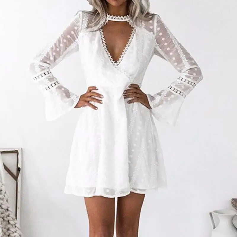 

Women White Lace Dresses Dots Party Horn Sleeves Short Mini Dress WS5789E