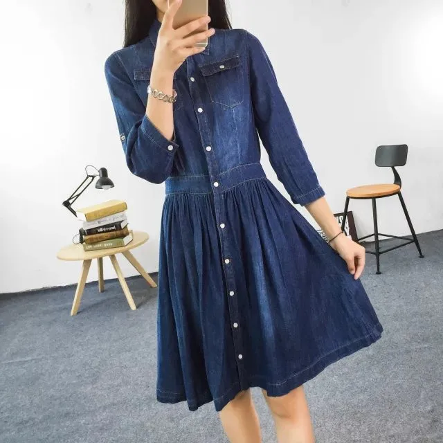 Three Quarter Sleeve One-Piece Denim Dress | Uniqistic.com