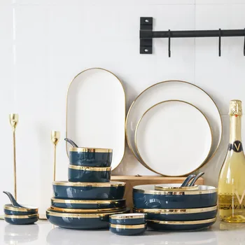 

Gold Inlay Ceramic Plates Steak Food Dish Nordic Style Retro Porcelain Tableware Bowl Ins Dinner Plate High End Dinnerware Set