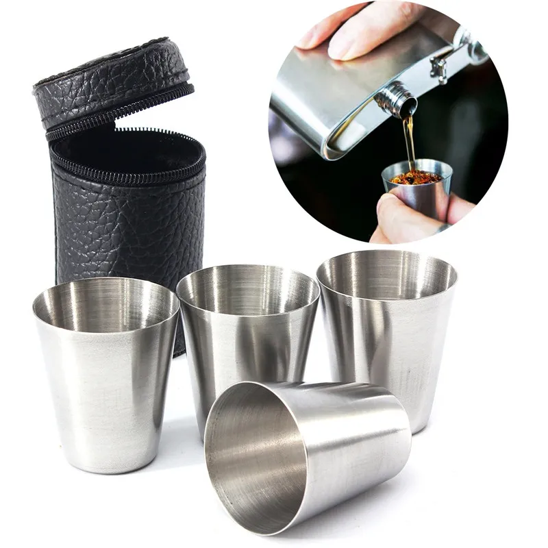

4Pcs/Lot 30ML Outdoor Stainless Steel Cup For Wine Whisky Travel Cups Mini Alcohol Vodka Water Bottle Mug Camping With Cup Cover