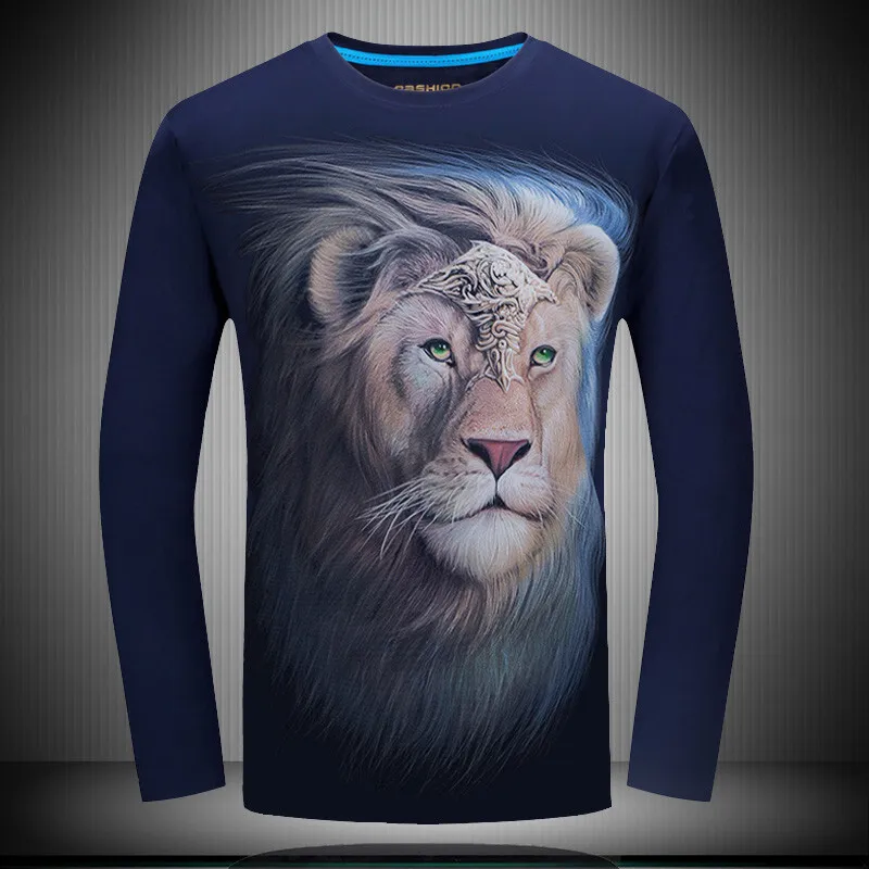 Новое поступление Осенняя мужская футболка с длинным рукавом с 3D принтом с животным узором Мужская мода хип-хоп футболка унисекс рубашки уличная одежда - Цвет: navy blue