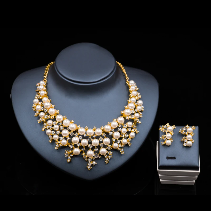 

Wedding accessories bride jewelry fashion jewelry dubai gold color simulated pearl necklace stud earring free shipping