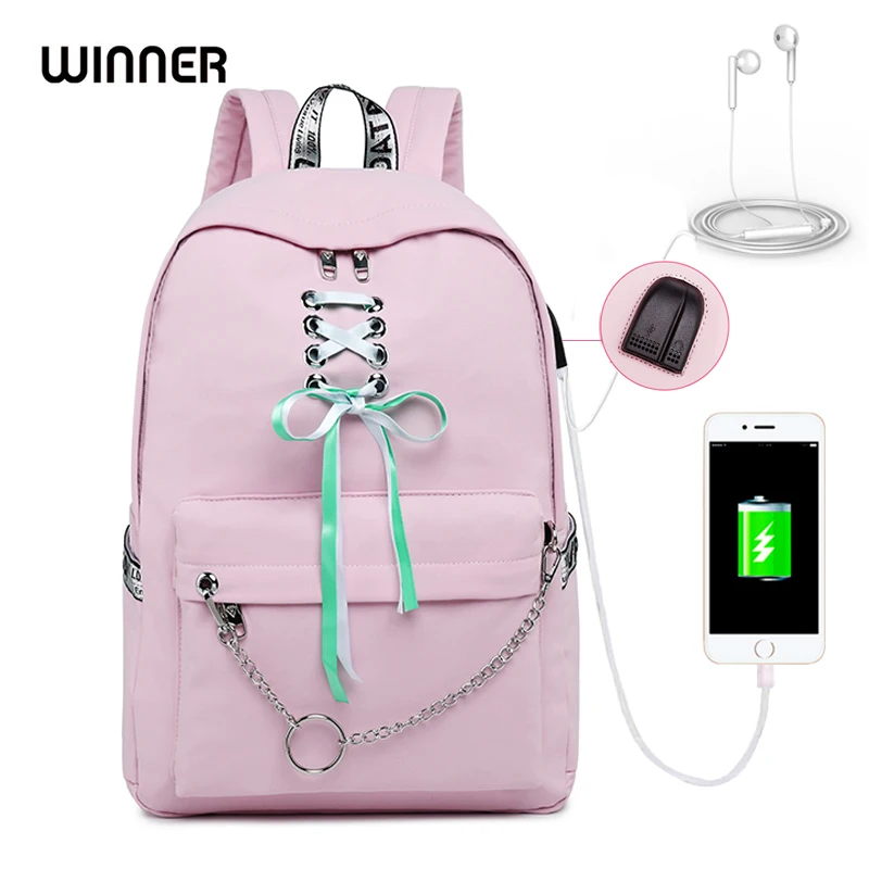 WINNER 2018 Women USB Charging Printing Backpack Pink Laptop Backpack