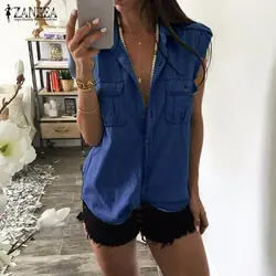Blusas Femininas 2019 Лето Для женщин мода кнопки в старинном стиле Блузы с карманами Сексуальная рукавов джинсы синего джинсового цвета рубашки
