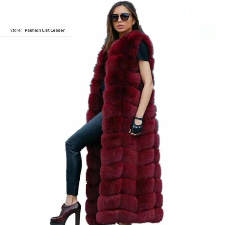 10steps 120cm Super Long Fur Vest Winter Women Luxury Faux Fox Fur Vest Furry Slim Woman Fake Fur Vest Plus Size Faux Fur wj1342