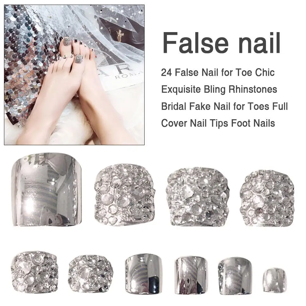 

24Pcs False Nail For Toe Chic Exquisite Bling Rhinstones Bridal Fake Nail For Toes Full Cover Fake Nails Manicure Art Decoration