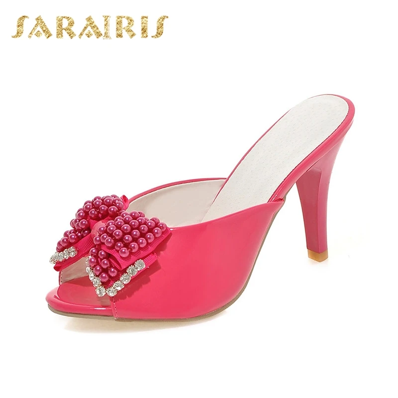 SARAIRIS/; Прямая поставка; большие размеры 33-42; женские туфли-лодочки с открытым носком и бантом; женские туфли без задника на высоком тонком каблуке - Цвет: Розовый