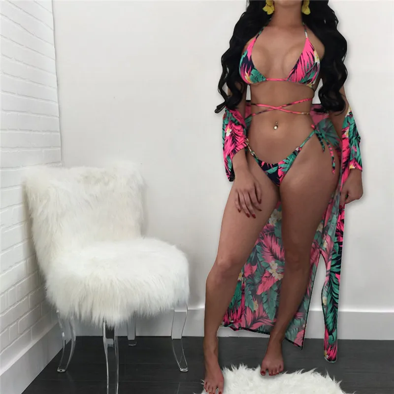 

2018 Three Pieces Bikini Halter High Waist Monkini Bandage Bathing Suit Sexy Swim Suit Floral Print Beachwear Biquinis Plus Size
