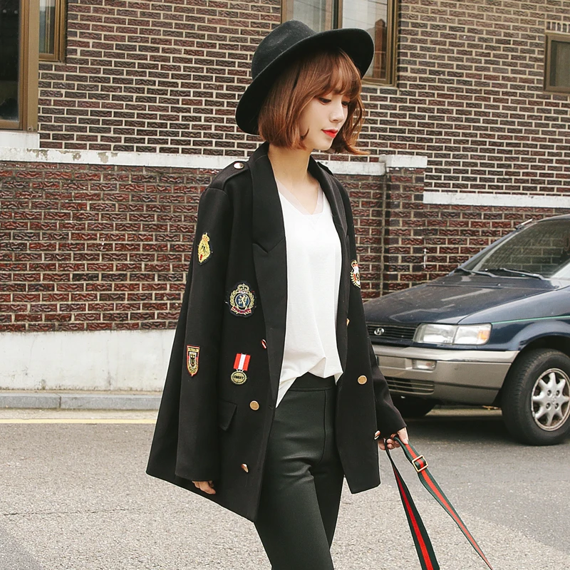 Korean Style 2018 New Spring Women Blazer Chic Badge Long Sleeve Casual Streetwear Blazer Loose Female Jacket Plus Size AO521