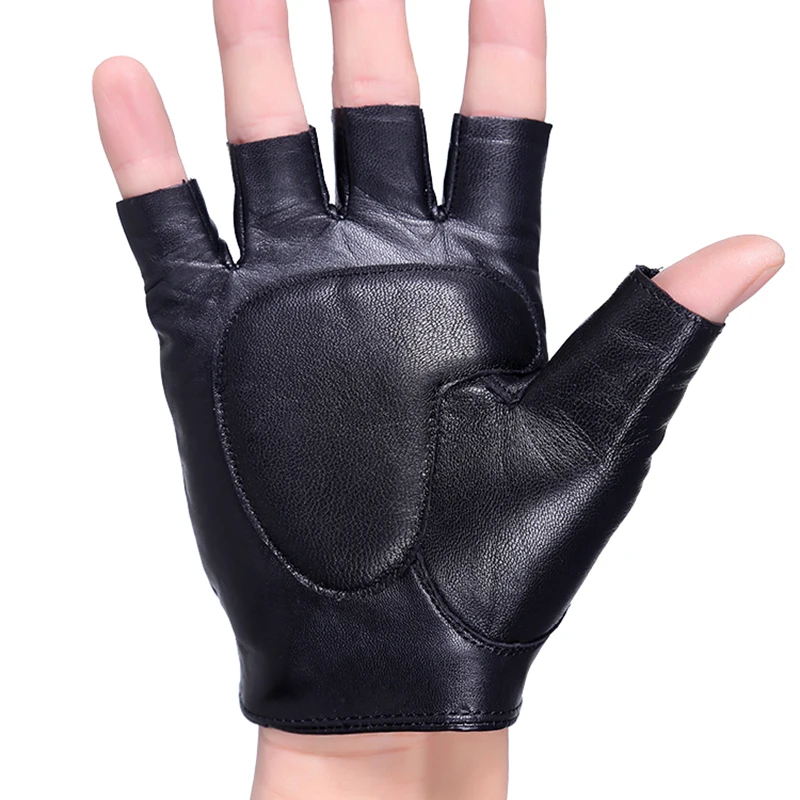 Black Semi-Finger Gloves Genuine Leather Male Sheepskin Mitring Outdoor Ride Motorcycle Men Half Finger Driving Gloves 