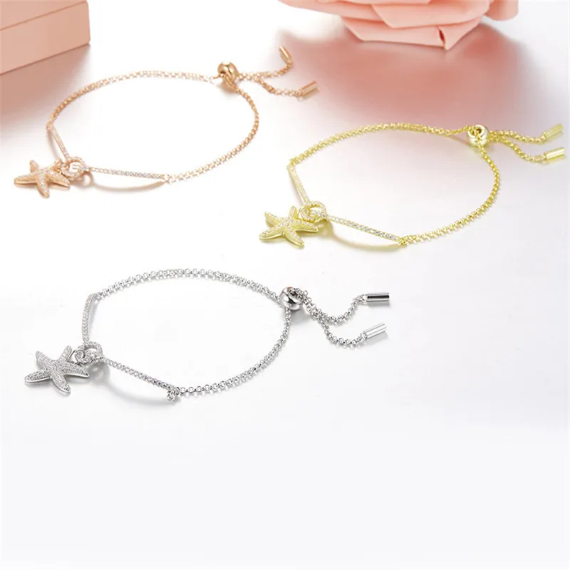 

925 Sterling Silver Inlaid Zircon Starfish Push-pull Bracelet Jewelry Fits Monaco Jewelry with Women's Party Gifts