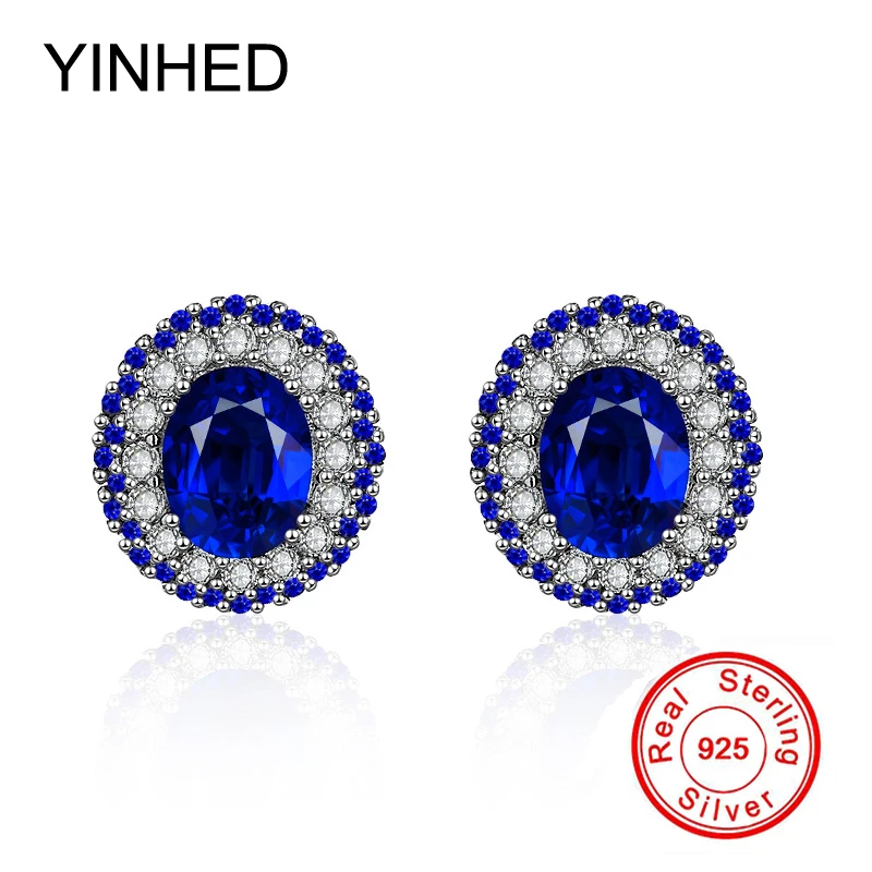 

YINHED Luxury Blue Crystal Zircon Stud Earrings for Women Engagement Wedding Jewelry Solid 925 Sterling Silver Earrings ZE067