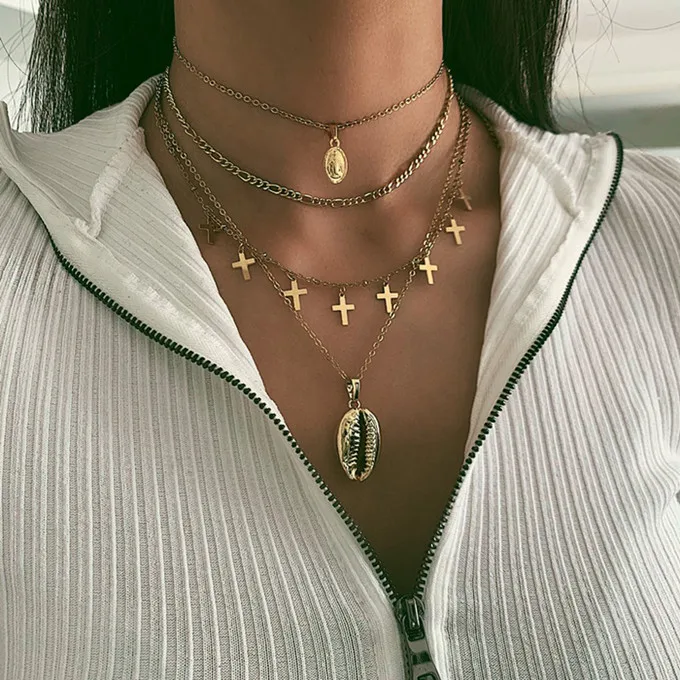 Bls-miracle Fashion Multi layer Shell Necklaces& Pendants For Women Trendy Charm Gold Chain Choker Necklace Ladies Jewelry - Окраска металла: NE-0175-21