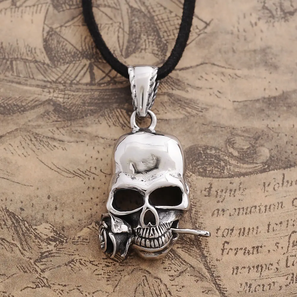 Dark Dream Titanium Steel Death Rose Skull Pendant Necklaces Punk ...