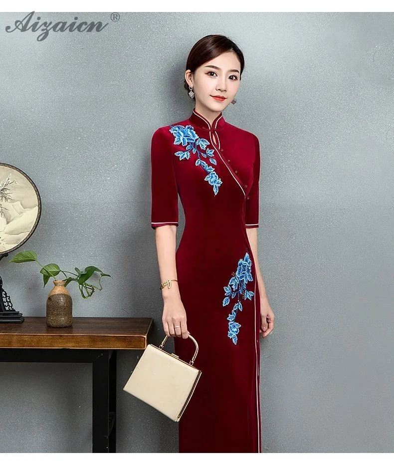 Синий бархат зима Cheongsam свадебное платье вышивка Qipao Сексуальная китайская традиция вечерние платья длинный чеонгсам велюр Qi Pao