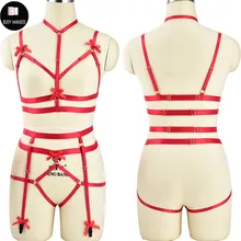 Rave для женщин клетка жгут бюстгальтер красный бант Подвязки Пояс для танцев на шесте Связывание набор ремней для тела Готический Фетиш Пояс для чулок