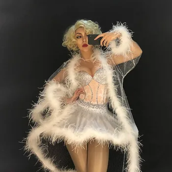 

Nightclub Modern Dance Costume Women Shining Crystals Sexy Dress See-through Mesh Feather DJ Singer Bar Host Stage Wears