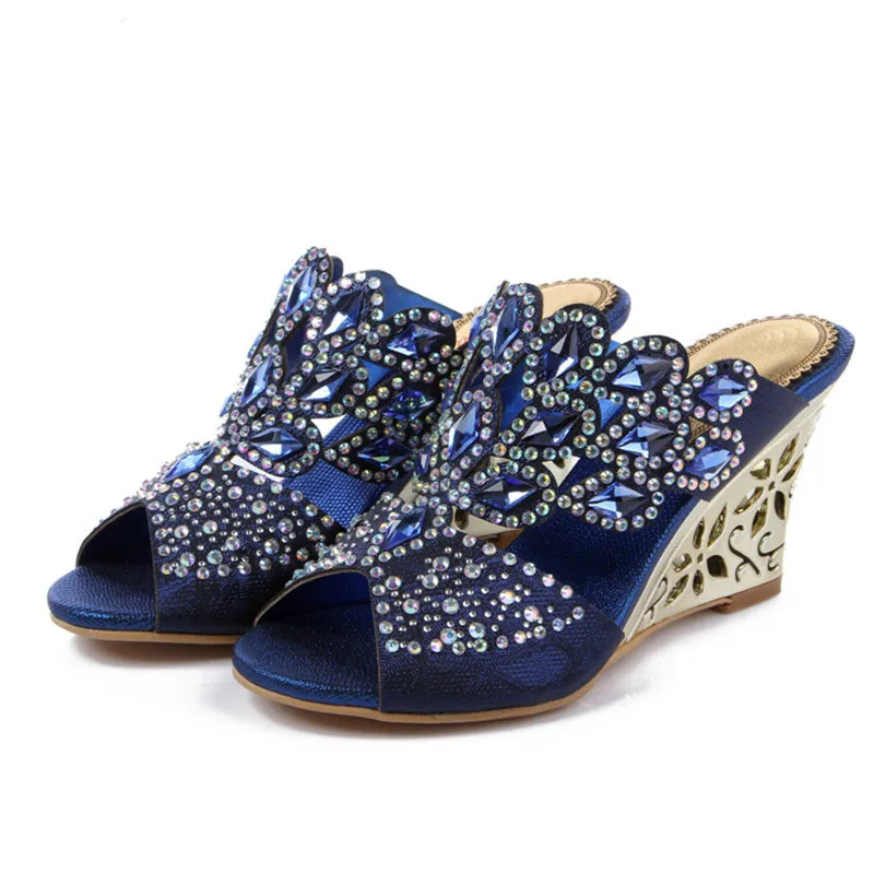 Genuine Leather Wedged Shoes Women Luxury Brand 2017 Summer New Fashion Slippers Diamond High Heels Comfortable
