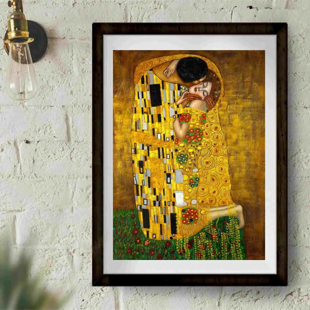 Классическая художественная живопись Gustav Klimt Kiss, печать на холсте, художественный плакат, Настенный декор, картины для комнаты, дома, декоративная шелковая ткань, без рамки - Цвет: 1