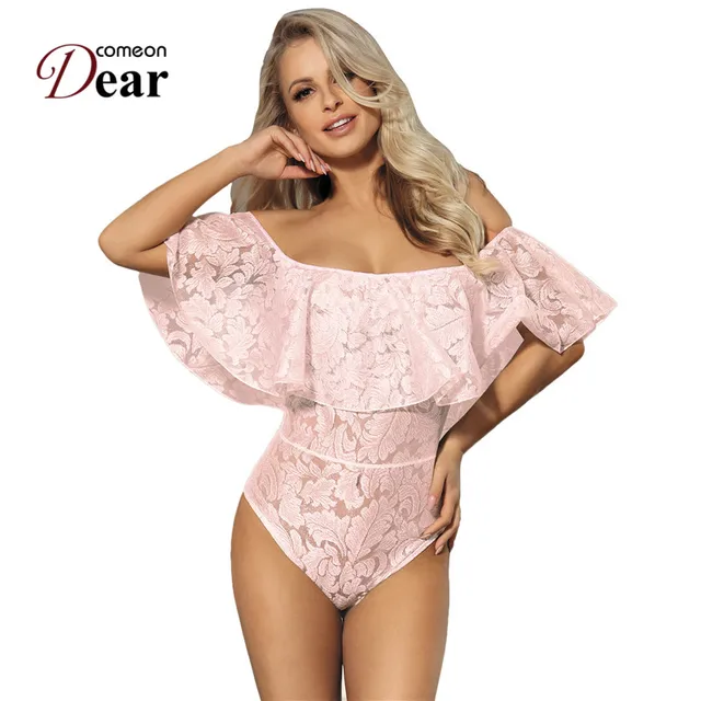 Comeondear Lace Ruffle Off The Shoulder Bodysuit RK80496 Large Size Sexy Floral Lace Bodysuit Women Rompers Overalls Playsuit