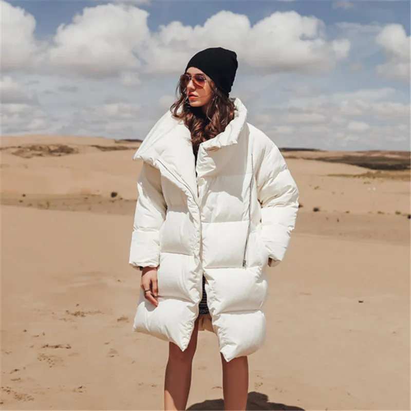 Европейский длинный свободный толстый теплый зимний женский пуховик с белым стоячим воротником, прямой Модный женский пуховик YY071