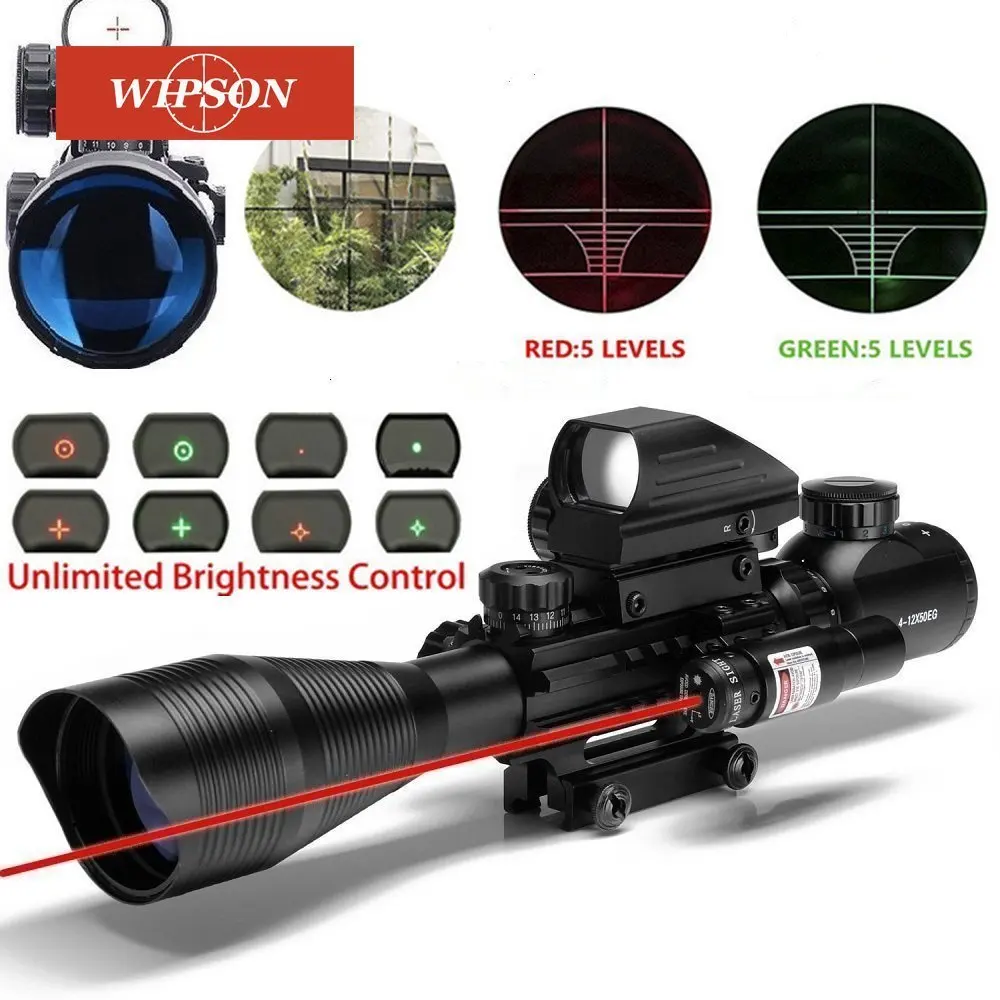 

WIPSON Tactical 4-12X50EG Red & Green Illuminated Rifle Scope w/ Holographic 4 Reticle Sight & Red Laser