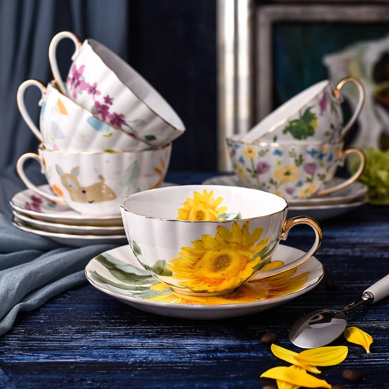 European Bone Porcelain Coffee Mug Set Fresh Cut Flower Tea Cup Cup and