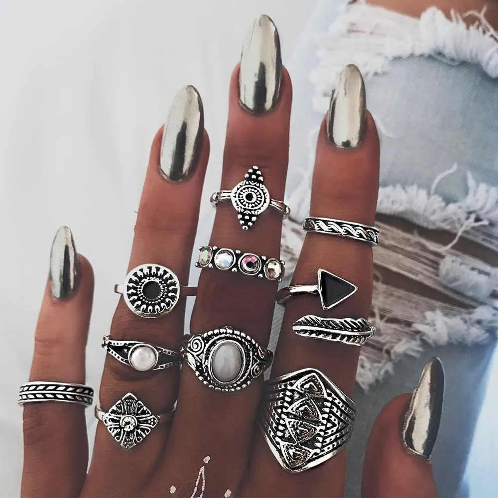 Sindlan Ring Fashion Vintage Jewelry Bohemian Engraving Motif Crystal Opal Exaggerated Punk 10pcs / Set Knuckle For Women | Украшения и