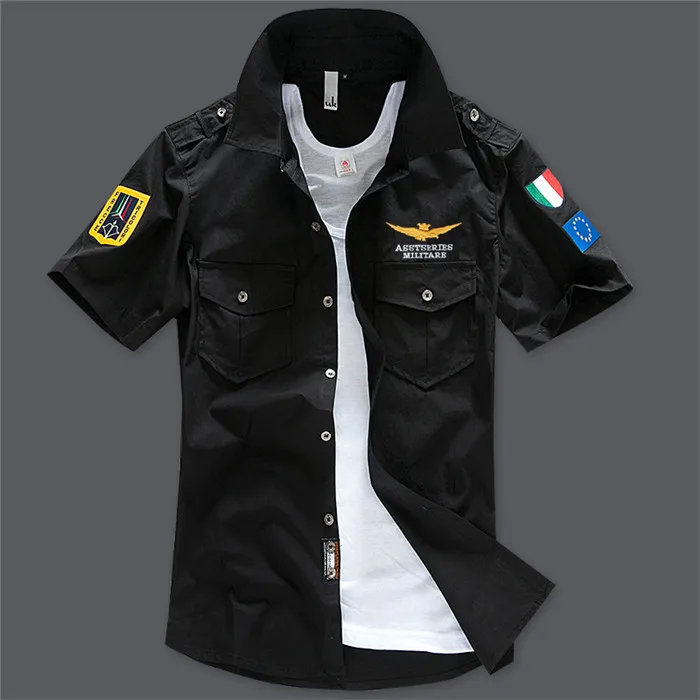 Men Casual Cotton Military Style Short Sleeve Slim Shirt Lapel Button Shirt Fashion Clothing Comfort Plus Size 4XL 5XL 6XL,12001 - Цвет: 12002 black