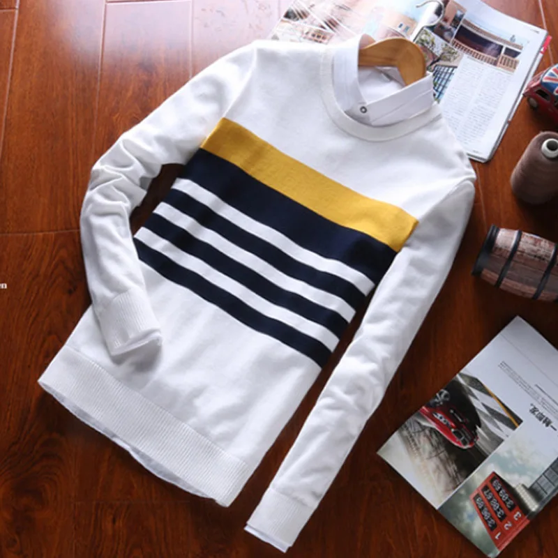 Зимние белые свитера в полоску мужской бренд мужской свитер хлопок Повседневный О-образный вырез тонкий прилегающий вязаный свитер и пуловеры 3XL 50 - Цвет: White