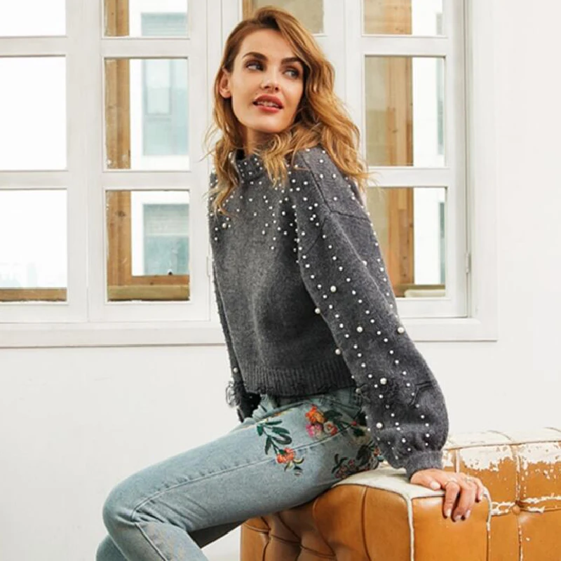 2019 New Fashion Pearl Turtleneck Spring Knitted Women Stretch Sweater Long Sleeve Loose Gray Female Soft Warm Casual Coat | Женская