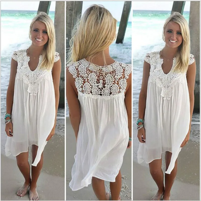 

White Brown Black Apricot Hollow Lace Crochet Dress Summer Beach Boho Chiffon Dress Plus Size Women Sleeveless Tank Dresses 3XL