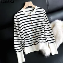 Новинка, весенне-осенний полосатый свитер, кардиган для женщин, женский Кардиган с длинным рукавом и круглым вырезом, Повседневный Кардиган с металлическими пуговицами, пальто, куртка