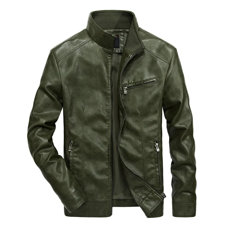 FGKKS брендовая Теплая мужская кожаная куртка мужской кожаный мотоциклетный стоячий воротник мотоциклетный стиль Мужские кожаные куртки - Цвет: Green