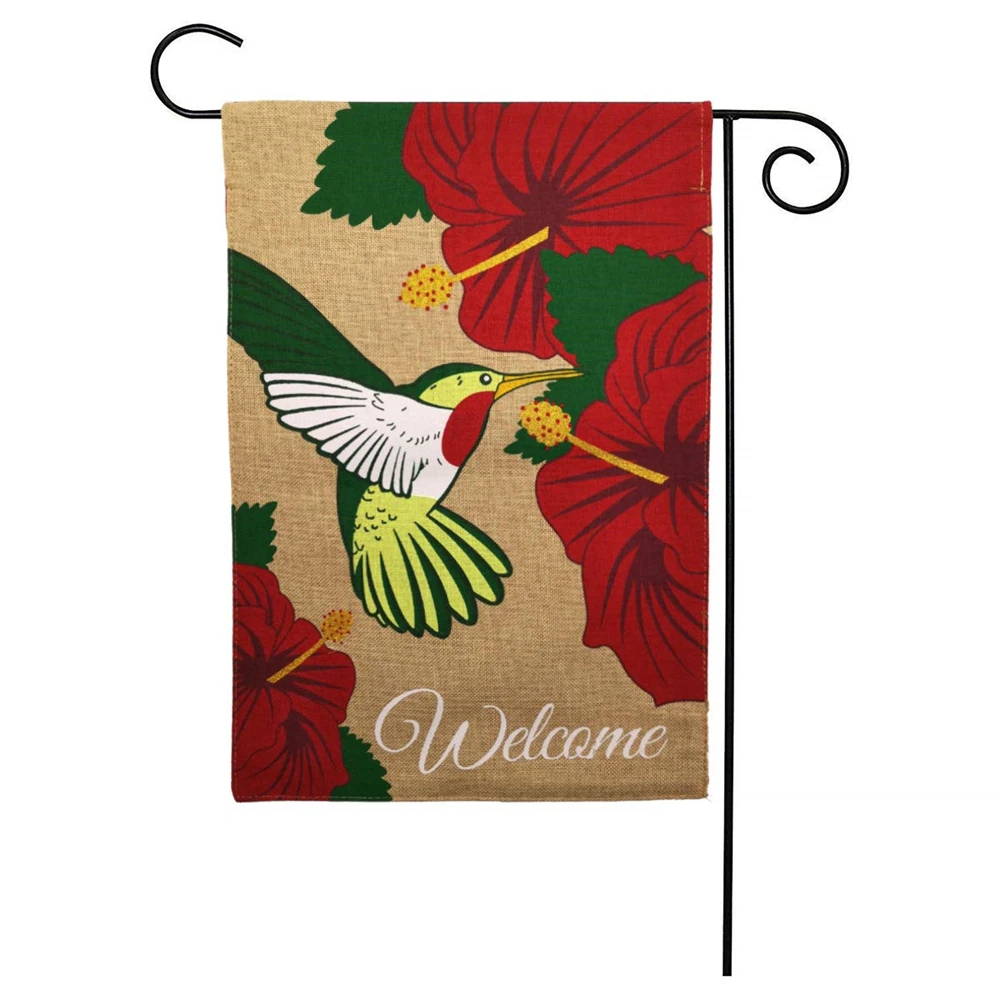 

Morigins Home Garden Flag Welcome Hummingbird And Red Flowers Burlap Spring Double Sided Garden Flag Outdoor Yard Flag 12" x 18"